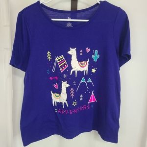 (1428) So Girls Short Sleeve Lama Motif T-Shirt, Size: 18 1/2 Color: Blue